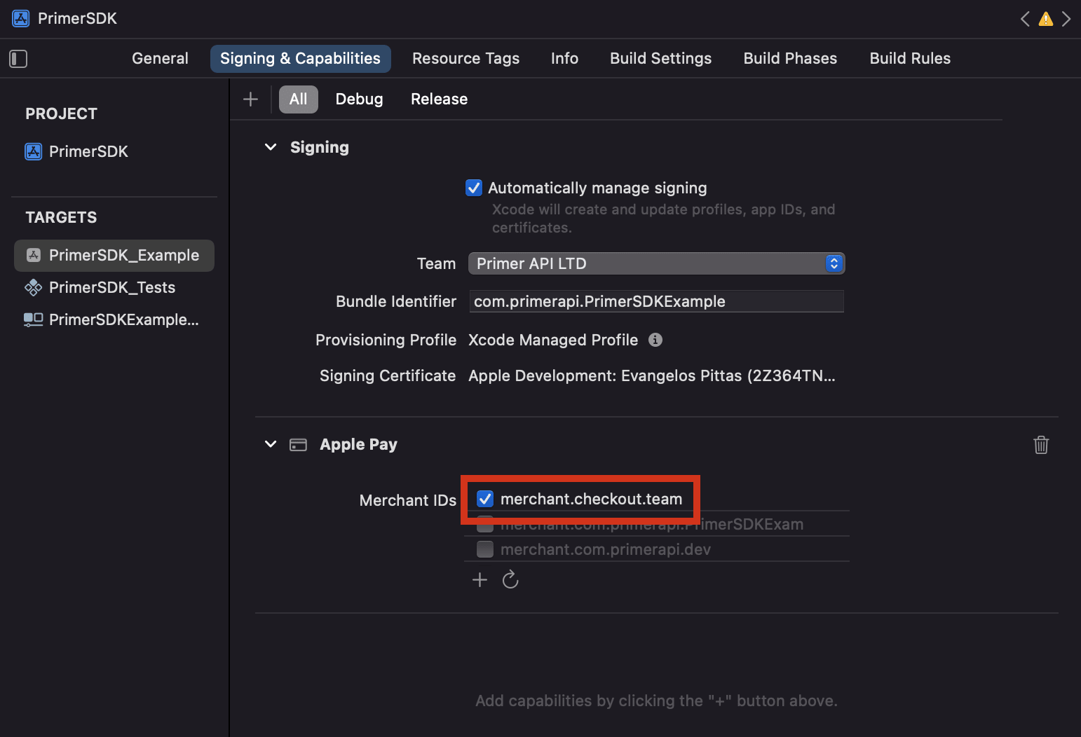 Apple Pay merchant ID checked in Xcode capabilities