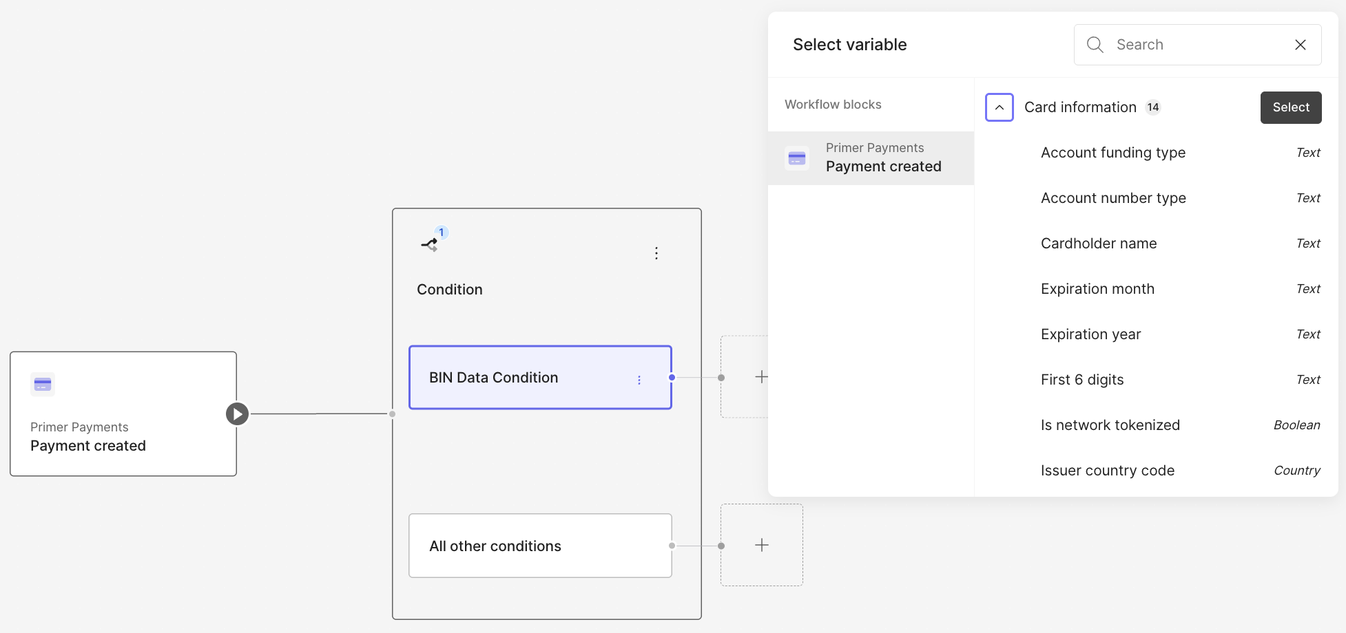 The Workflows condition builder showing the Card information variables available on the Payment created trigger