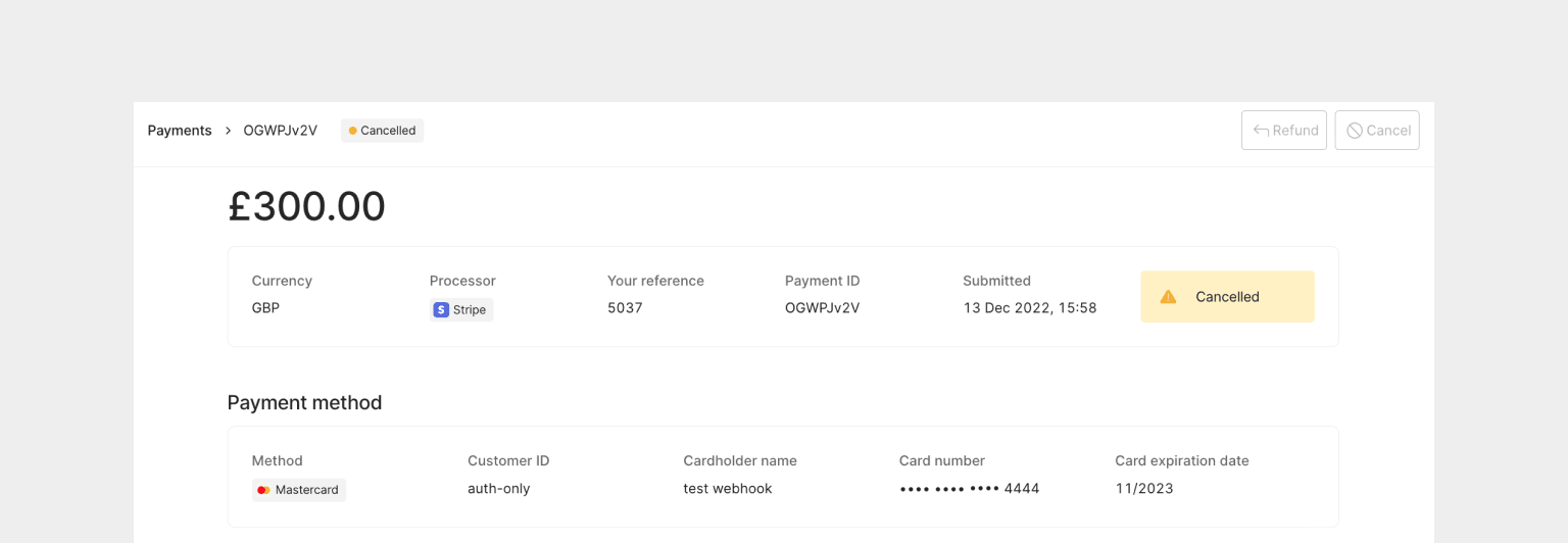 Cancelled payment details